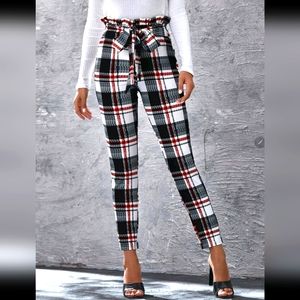Paperbag Waist Tie Front Plaid Pants